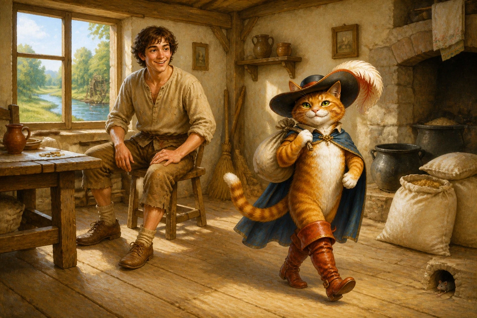 The young man scraped together his very last coins and bought the cat exactly what he had asked for: a fine pair of tall leather boots, a feathered hat, and a… The young man scraped together his very last coins and bought the cat exactly what he had asked for: a fine pair of tall leather boots, a feathered hat, and a…