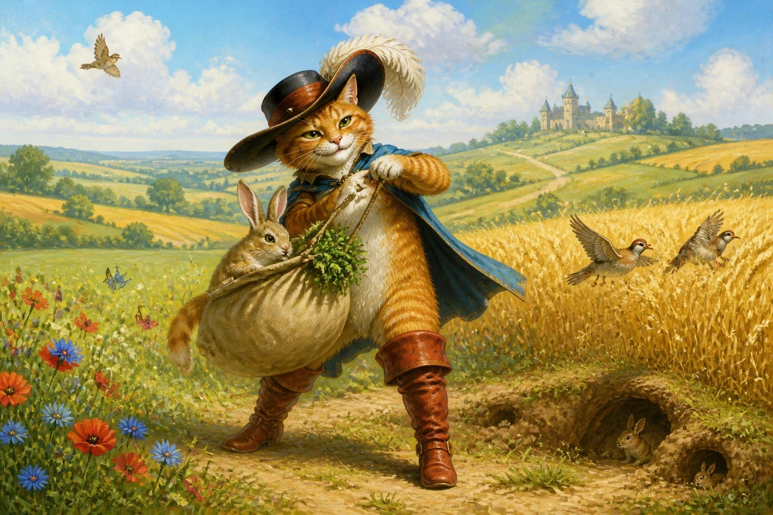 Out in the sunny meadows and warrens, the cat set to work. He laid his sack open on the grass, hid himself quietly behind it, and waited. Out in the sunny meadows and warrens, the cat set to work. He laid his sack open on the grass, hid himself quietly behind it, and waited.