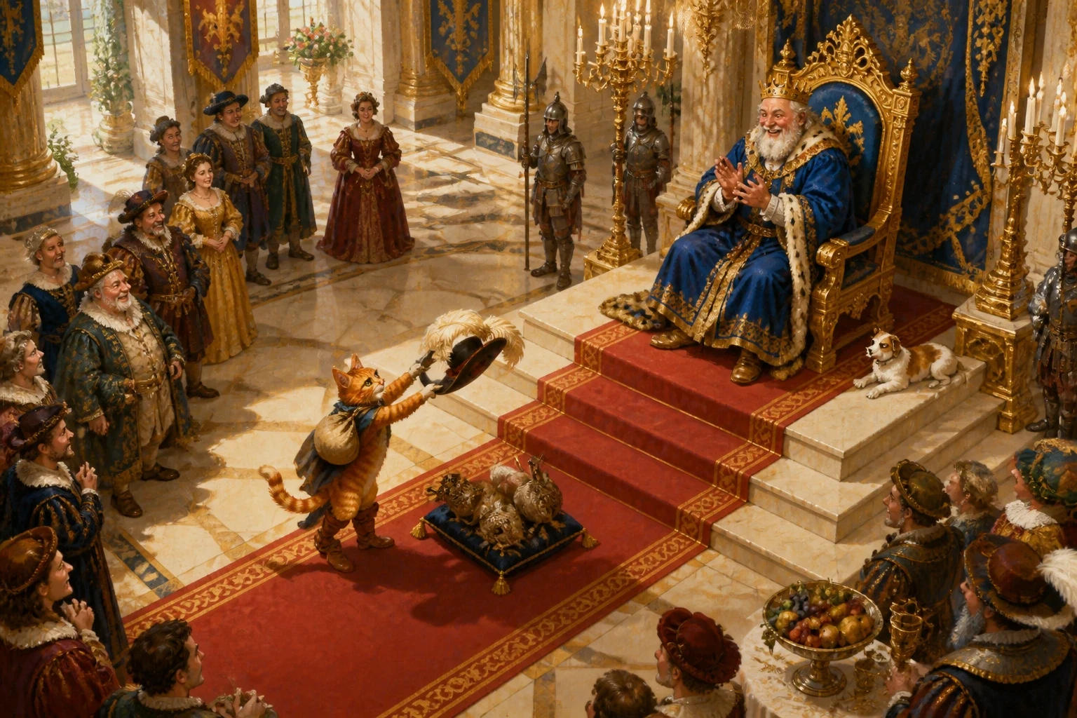 At the palace, the cat marched straight into the great throne hall, swept off his feathered hat in a magnificent bow, and laid his gift before the King. At the palace, the cat marched straight into the great throne hall, swept off his feathered hat in a magnificent bow, and laid his gift before the King.