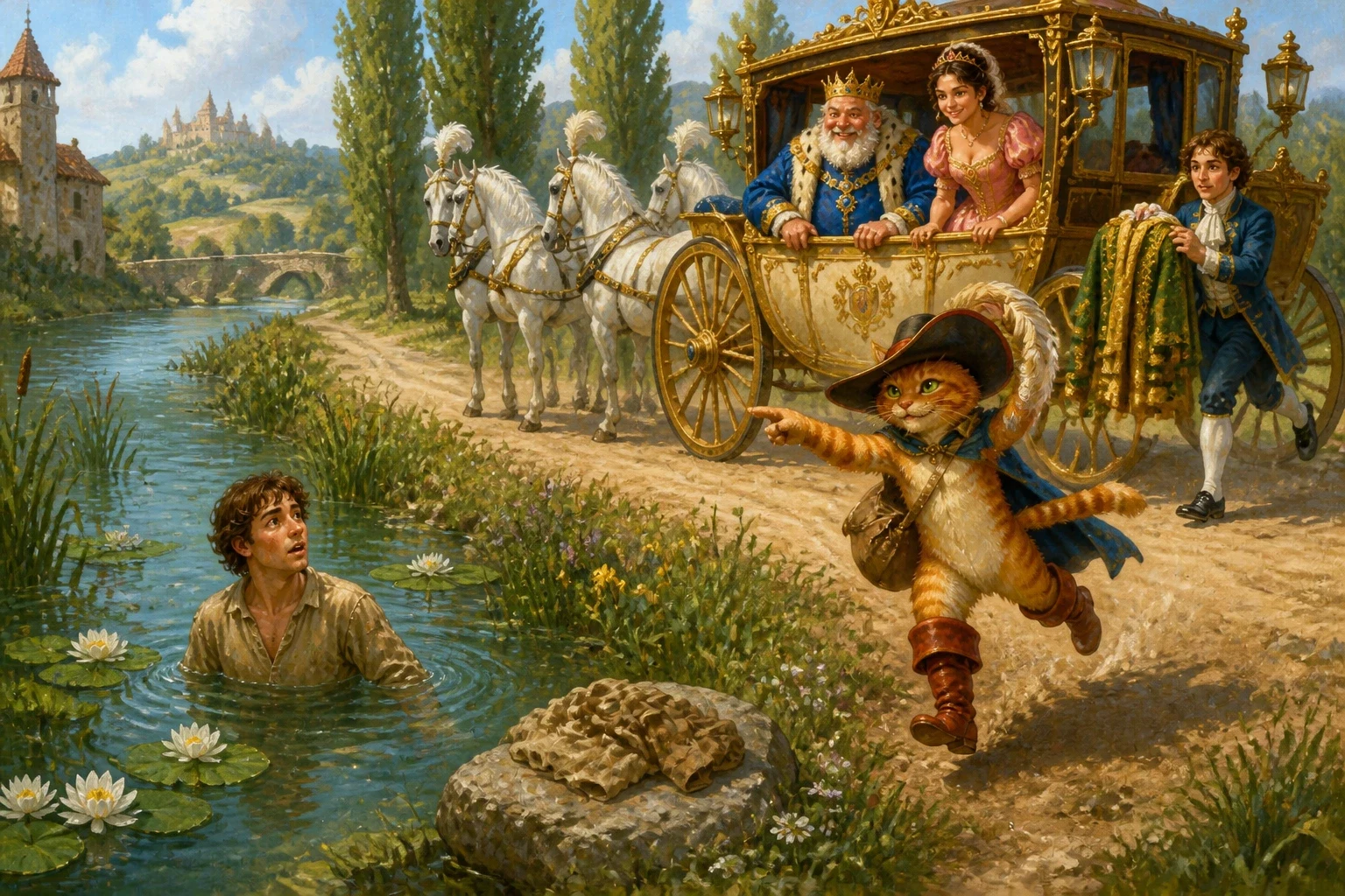 One day the cat learned that the King would be driving along the river road with his daughter the princess. Quick as ever, he ran to his master and told him to… One day the cat learned that the King would be driving along the river road with his daughter the princess. Quick as ever, he ran to his master and told him to…