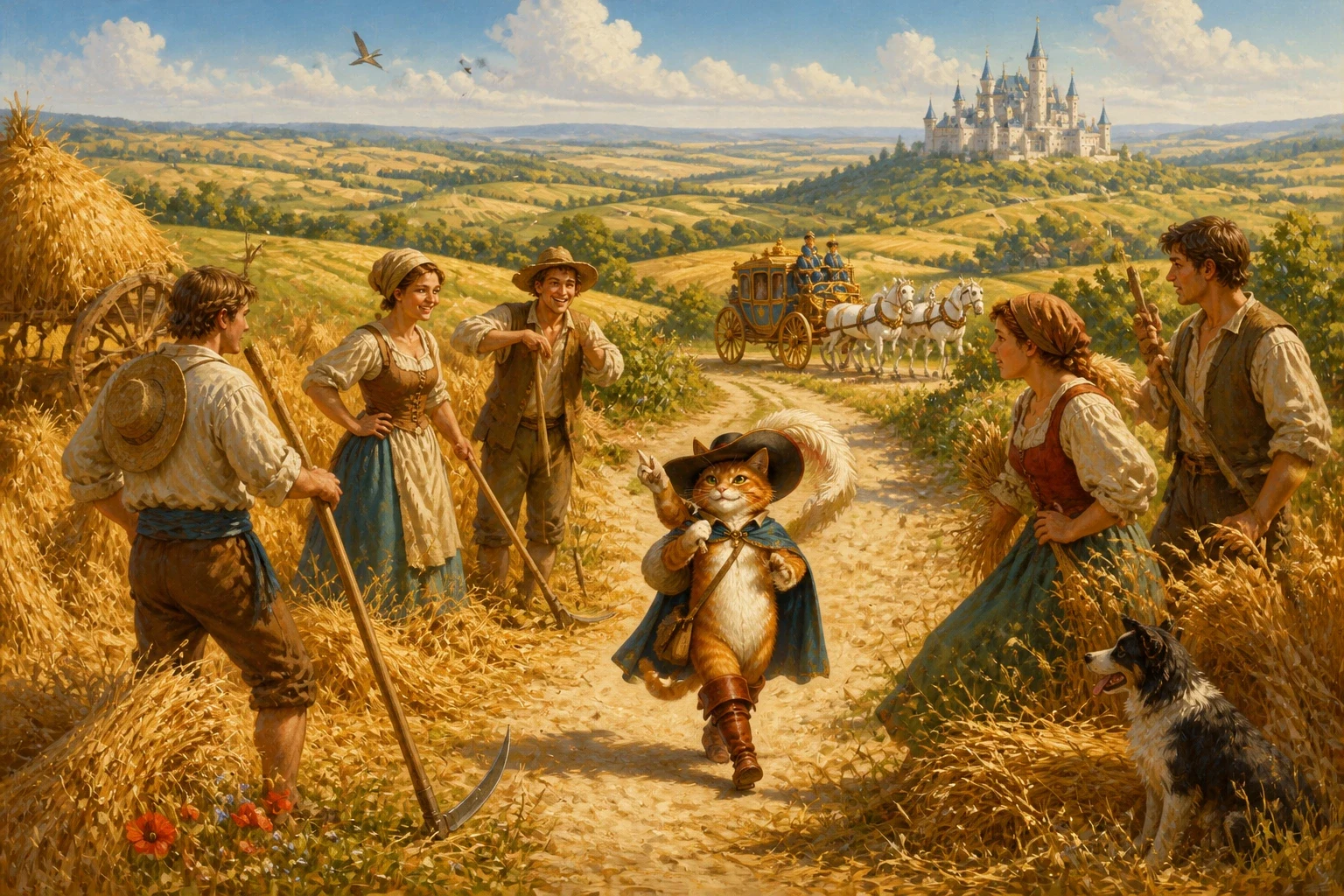 While his master rode along in the royal carriage, chatting happily with the princess, the cat raced on ahead down the road. While his master rode along in the royal carriage, chatting happily with the princess, the cat raced on ahead down the road.