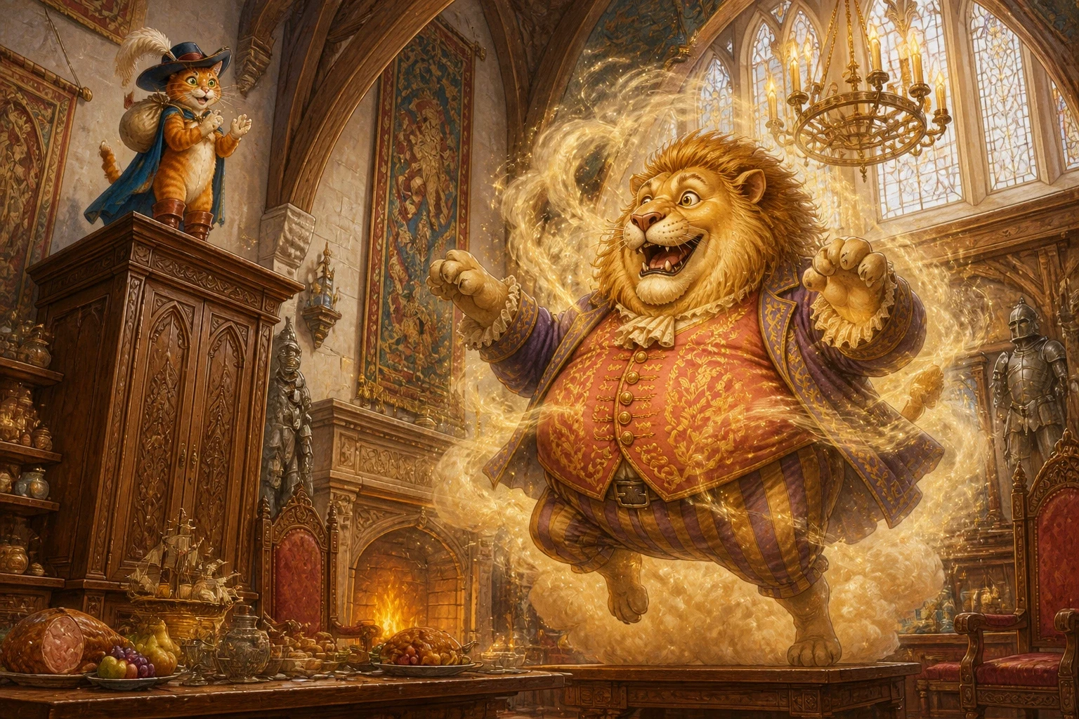 Inside, the ogre turned out to be a huge, round, boastful fellow, very pleased with himself. The cat bowed low and said he had heard the most astonishing thing… Inside, the ogre turned out to be a huge, round, boastful fellow, very pleased with himself. The cat bowed low and said he had heard the most astonishing thing…