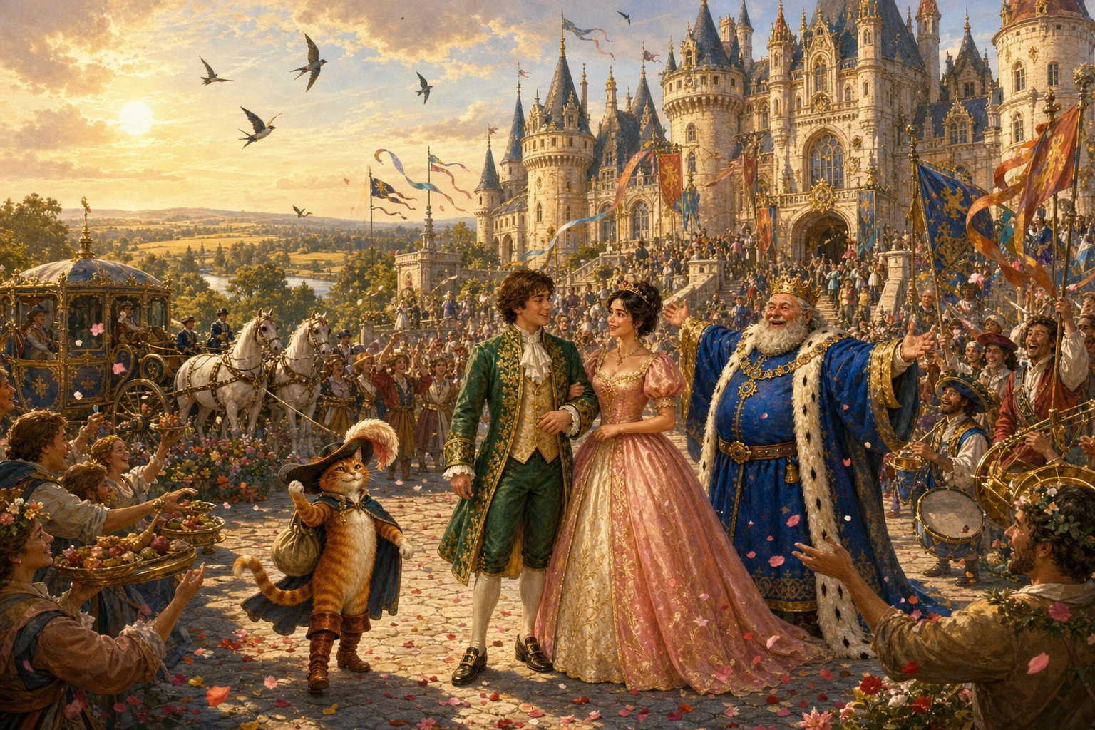 Just then the King's carriage came rolling up to the castle, and there at the gate stood the cat, bowing grandly. 'Welcome, Your Majesty,' he cried, 'to the… Just then the King's carriage came rolling up to the castle, and there at the gate stood the cat, bowing grandly. 'Welcome, Your Majesty,' he cried, 'to the…