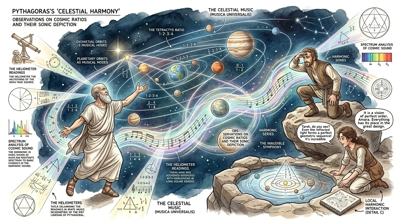 毕达哥拉斯将他的数字理论延伸到宇宙,提出了“天体和谐”的概念。他认为行星和恒星按照数学比例运行,产生了一种人类耳朵听不见的天体音乐。 毕达哥拉斯将他的数字理论延伸到宇宙,提出了“天体和谐”的概念。他认为行星和恒星按照数学比例运行,产生了一种人类耳朵听不见的天体音乐。