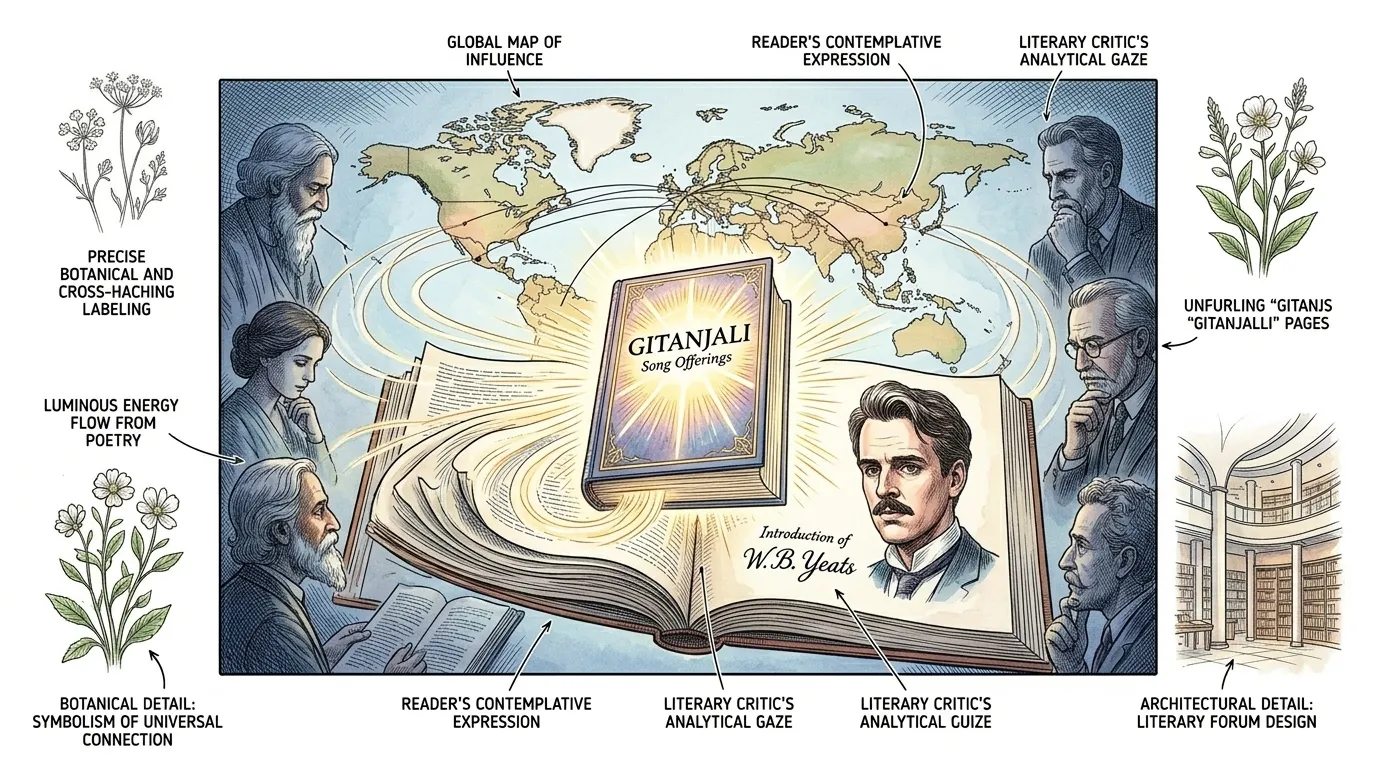 一九一二年，《吉檀迦利：颂歌集》出版，W·B·叶芝为其撰写了引人入胜的序言，这在西方文坛引起了轰动。评论家们赞扬其精神深度、抒情之美和深刻的人文主义。
