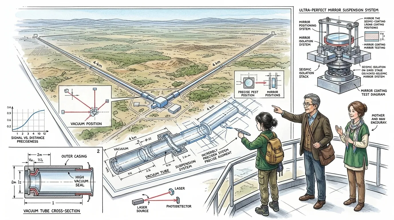 建造激光干涉引力波天文台(LIGO)是一项艰巨的任务。每条臂长达四公里!镜面必须极其完美,其对地球形状的改变甚至要小于一杯咖啡上的涟漪。 建造激光干涉引力波天文台(LIGO)是一项艰巨的任务。每条臂长达四公里!镜面必须极其完美,其对地球形状的改变甚至要小于一杯咖啡上的涟漪。