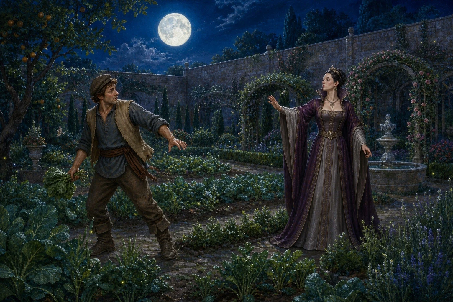 To ease his wife's suffering, the husband climbed over the wall one night and gathered a handful of the rapunzel greens.