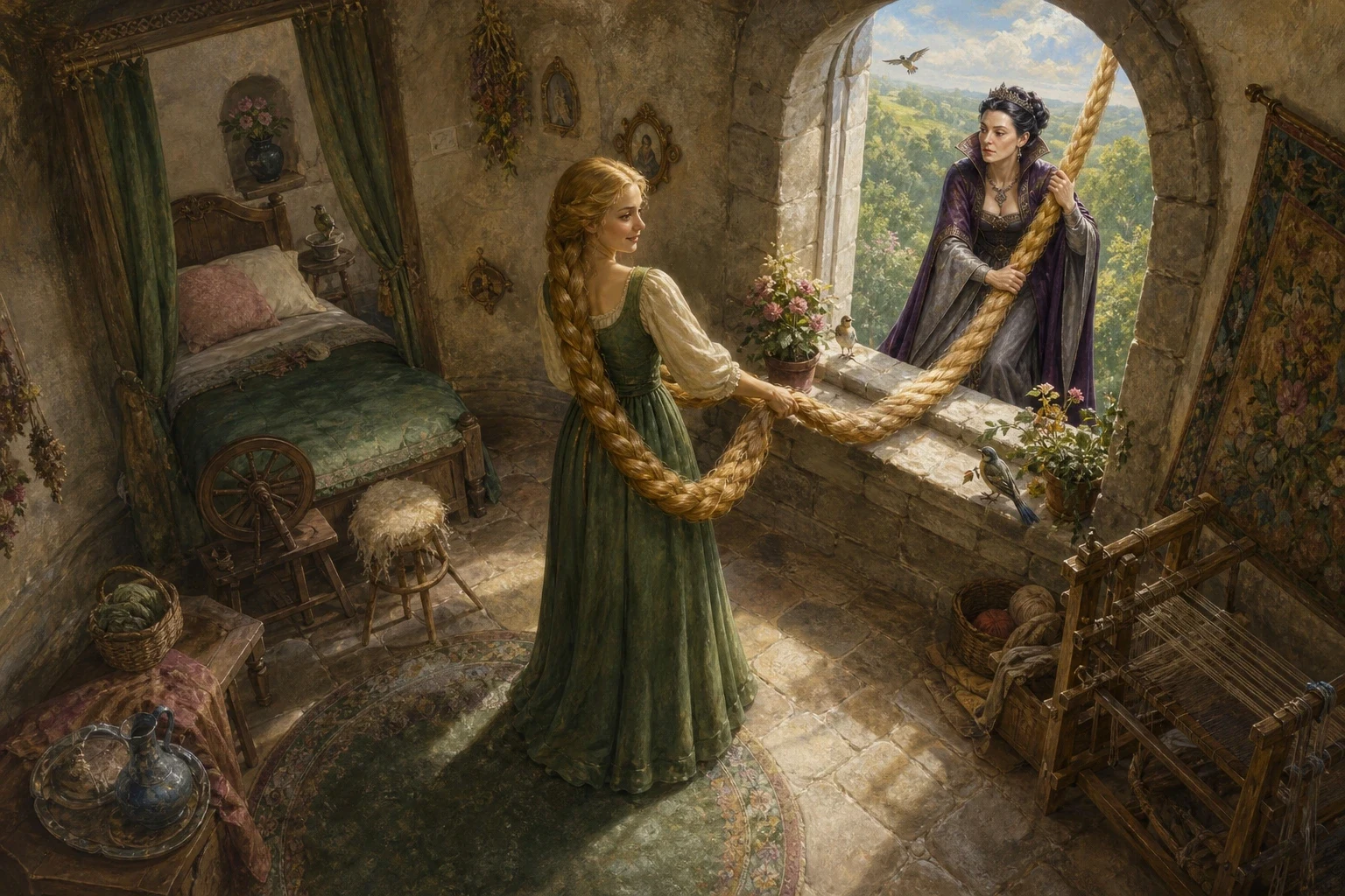 Each day the enchantress came to the foot of the tower and called up to the little window: 'Rapunzel, Rapunzel, let down your hair!' And Rapunzel would unwind…