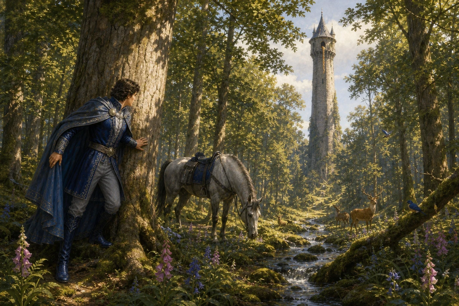 One day a young prince came riding through the deep forest and heard a voice singing more sweetly than any he had ever known.