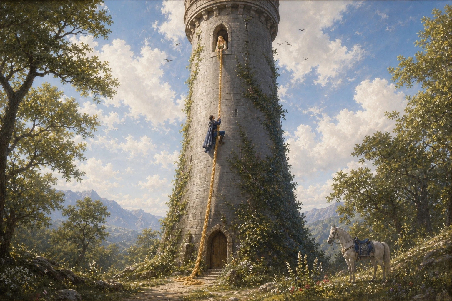When all was quiet, the prince stepped up to the foot of the tower and called, just as the enchantress had: 'Rapunzel, Rapunzel, let down your hair.' Down came…