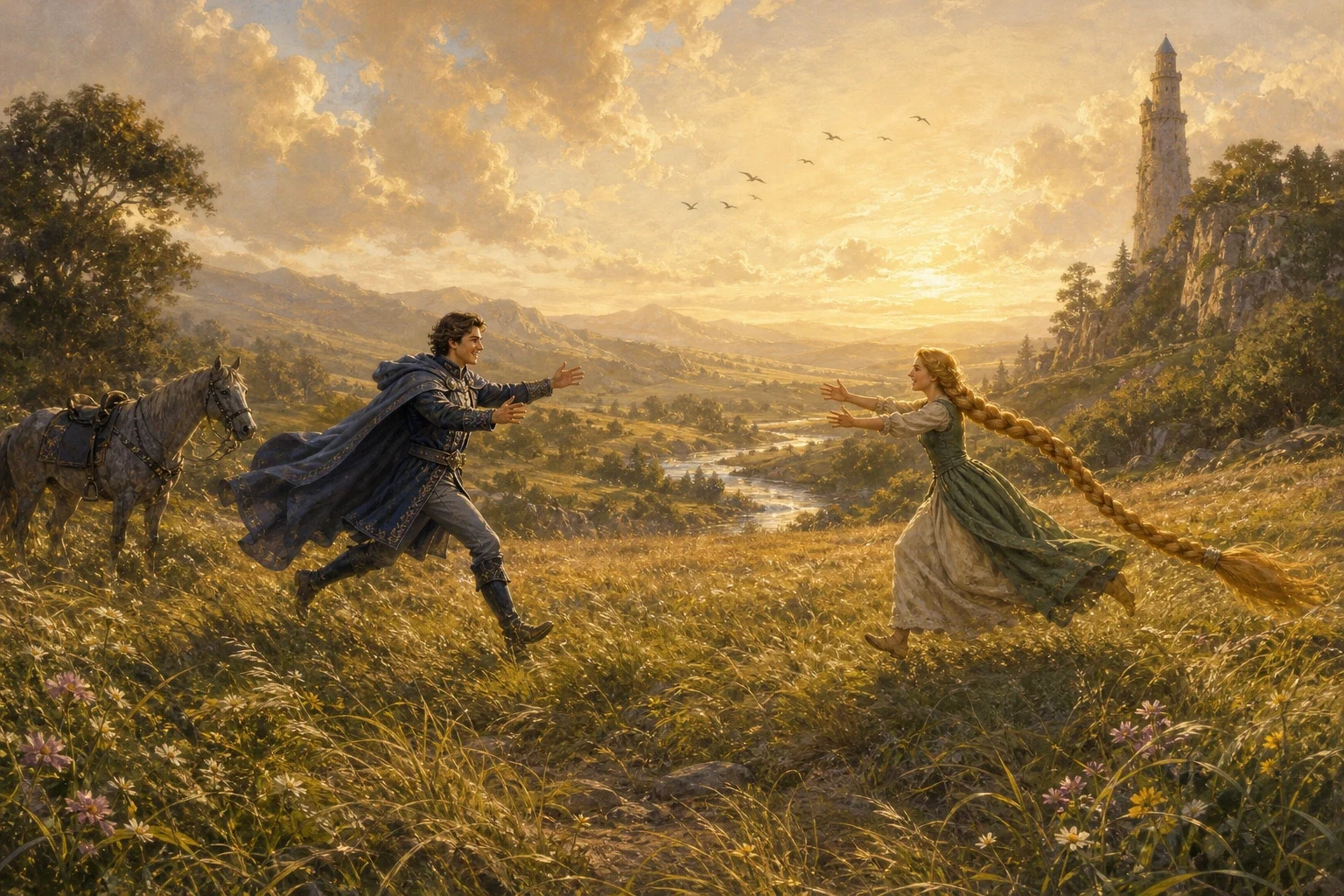For a long time the prince wandered, footsore and weary, his heart aching, following every rumour of a golden-haired girl with a beautiful voice.