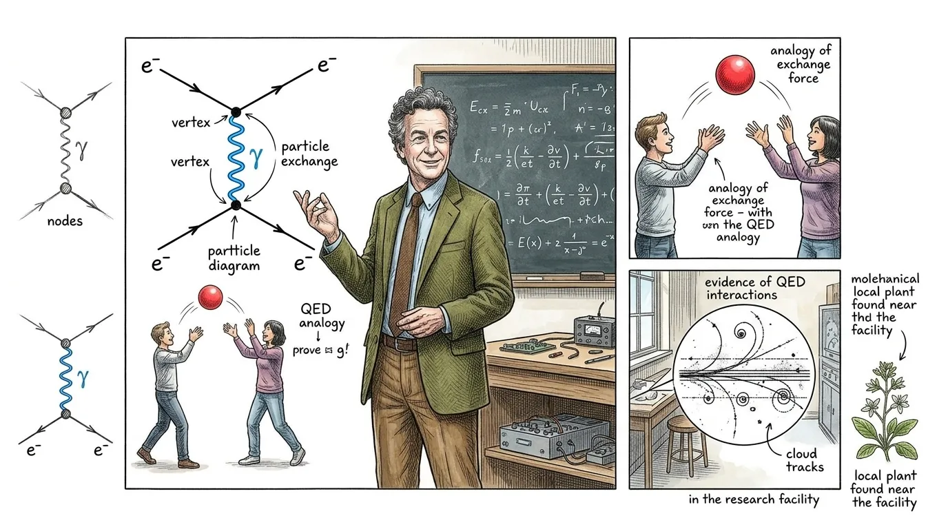 量子电动力学描述了光和物质如何相互作用。试想一下:当两个电子相互靠近时,它们并不会直接碰撞。相反,它们会交换光子——微小的光能量包——这些光子介导了… 量子电动力学描述了光和物质如何相互作用。试想一下:当两个电子相互靠近时,它们并不会直接碰撞。相反,它们会交换光子——微小的光能量包——这些光子介导了…