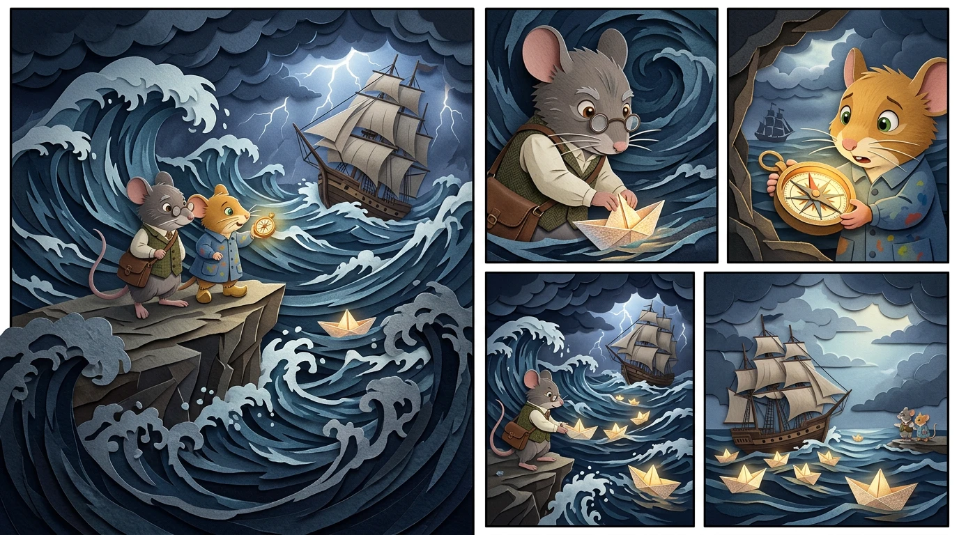 指南针发着光,指向另一幅画作:《狂风暴雨的海景》。画中,一艘船正与巨浪搏斗。“这看起来太危险了!”皮普喊道。“但要记住柳树,”巴塞洛缪说,“善良可以… 指南针发着光,指向另一幅画作:《狂风暴雨的海景》。画中,一艘船正与巨浪搏斗。“这看起来太危险了!”皮普喊道。“但要记住柳树,”巴塞洛缪说,“善良可以…