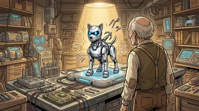 From the depths of a mechanical heart, Bolt, the robo-pup, sparked to life. His metallic fur gleamed, sensors whirred, and a single command pulsed through his… From the depths of a mechanical heart, Bolt, the robo-pup, sparked to life. His metallic fur gleamed, sensors whirred, and a single command pulsed through his…