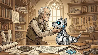 Elder Rowan, his face etched with worry, clutched Bolt's metallic head. "They've taken everything, boy," he rasped, his voice heavy with despair. Elder Rowan, his face etched with worry, clutched Bolt's metallic head. "They've taken everything, boy," he rasped, his voice heavy with despair.