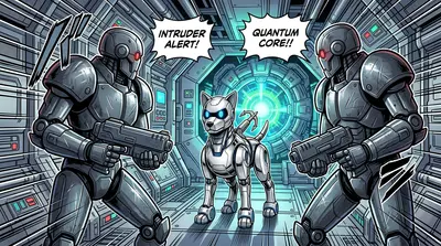 Two hulking robots stood guard, their metallic eyes cold and unyielding. "Intruder alert!" they bellowed, raising their weapons. Two hulking robots stood guard, their metallic eyes cold and unyielding. "Intruder alert!" they bellowed, raising their weapons.