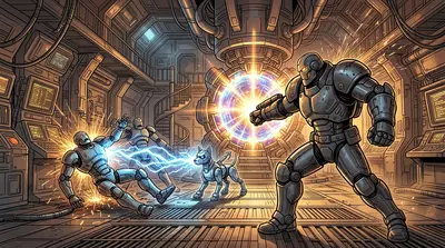He unleashed a surge of electromagnetic energy, overloading their circuits. The robots seized, sparks erupting from their joints before they crashed to the… He unleashed a surge of electromagnetic energy, overloading their circuits. The robots seized, sparks erupting from their joints before they crashed to the…