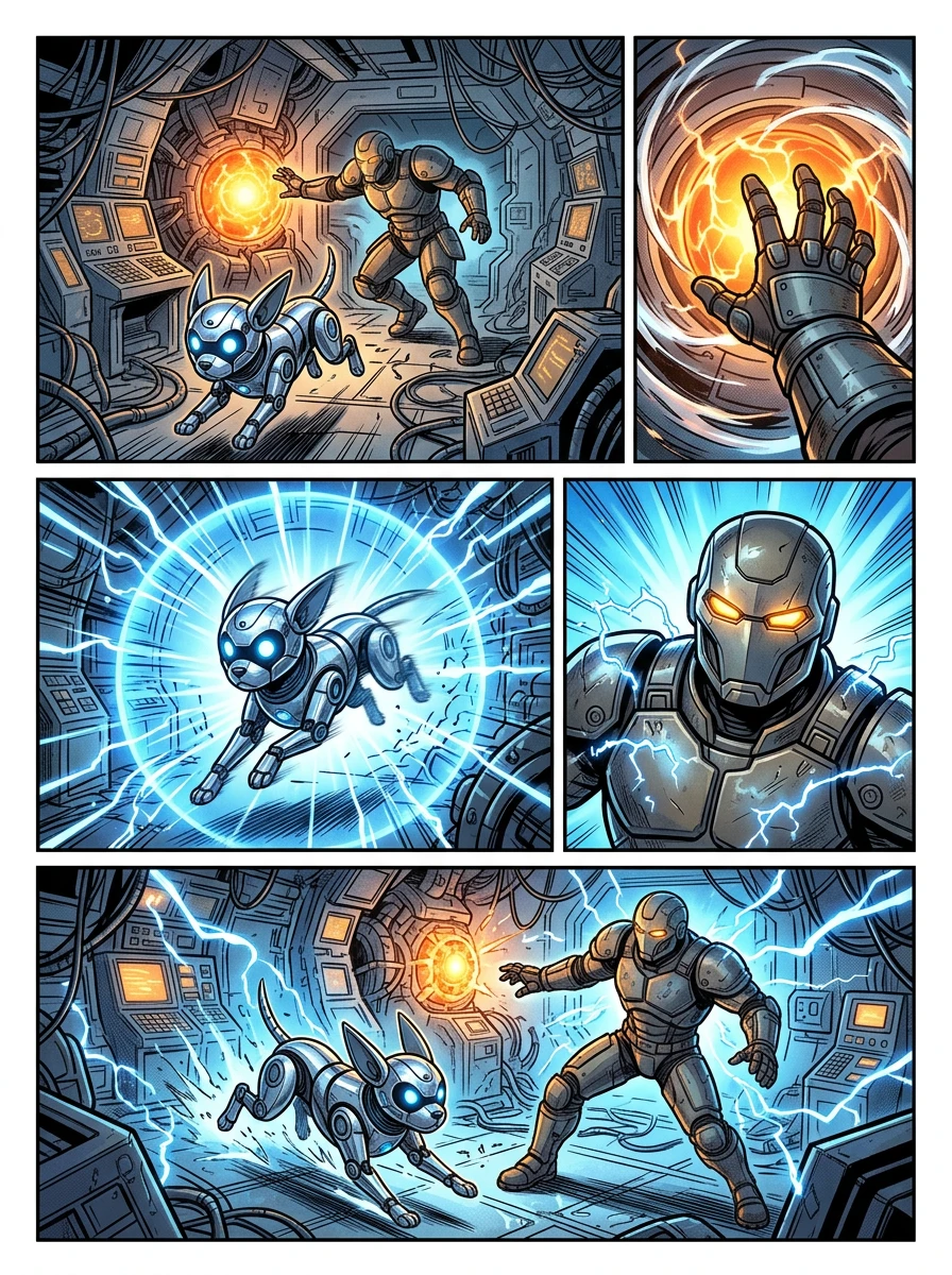 As Ironclad grasped the Quantum Core, Bolt saw his chance. He lunged forward, activating his internal EMP generator. "I'm afraid I can't let you do that… As Ironclad grasped the Quantum Core, Bolt saw his chance. He lunged forward, activating his internal EMP generator. "I'm afraid I can't let you do that…