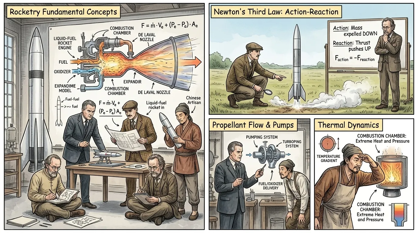 En esencia, un cohete funciona según la Tercera Ley del Movimiento de Isaac Newton: para cada acción, hay una reacción igual y opuesta.