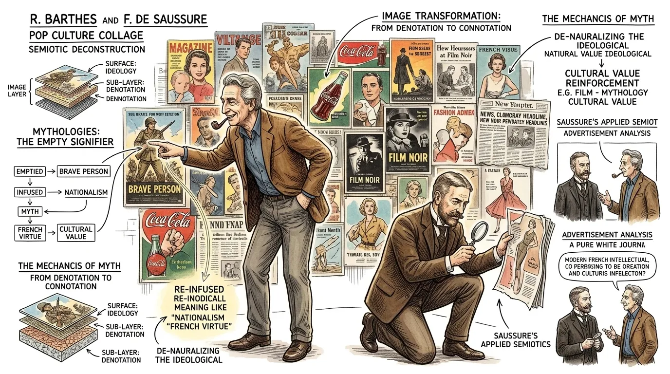 While Saussure provided the structural blueprint for language, Barthes realized that cultural practices and mass media generated meanings far more complex than… While Saussure provided the structural blueprint for language, Barthes realized that cultural practices and mass media generated meanings far more complex than…