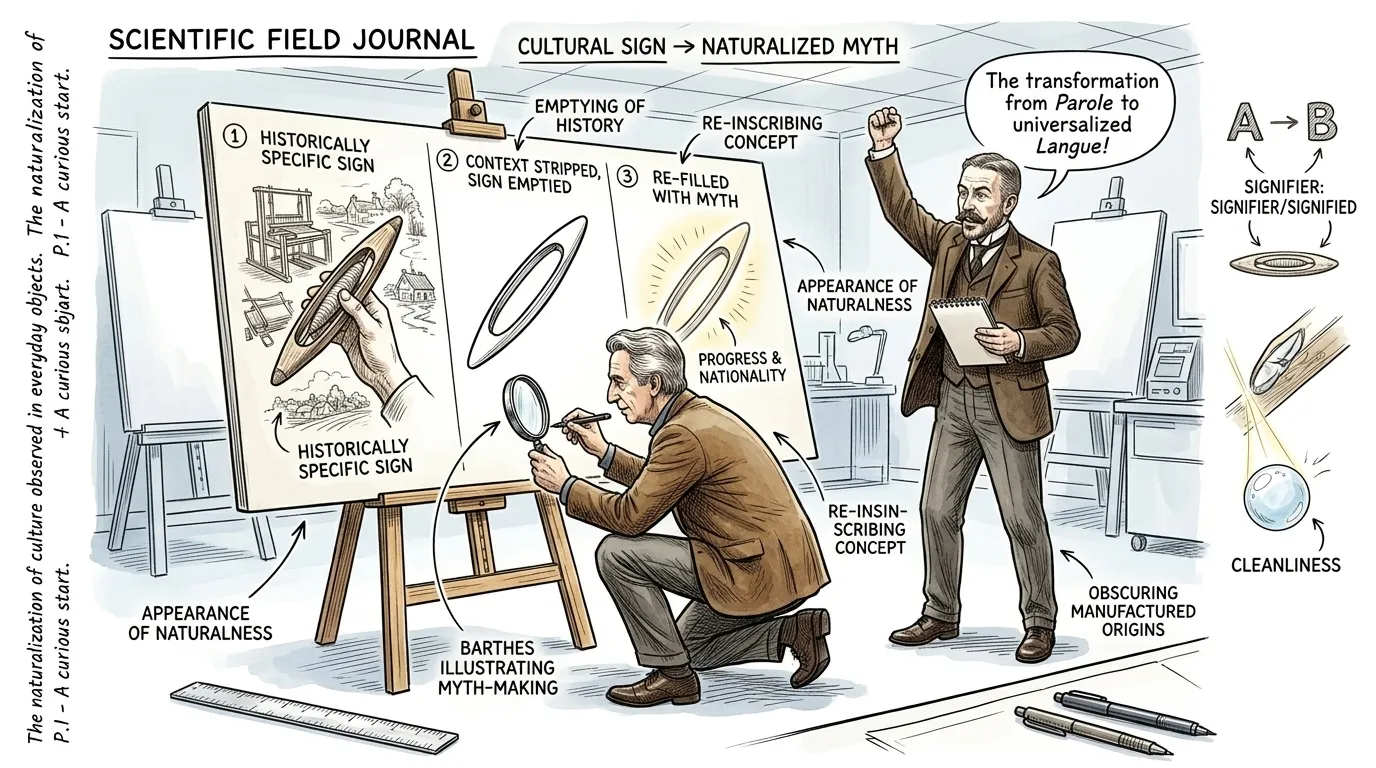 Barthes meticulously detailed how myth operates, explaining it as a sophisticated ideological maneuver where history is paradoxically both erased and… Barthes meticulously detailed how myth operates, explaining it as a sophisticated ideological maneuver where history is paradoxically both erased and…