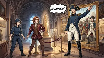 Suddenly, a booming voice echoed through the hall. "Silence!" A towering figure emerged from a historical portrait: General Moreau, a stern-faced Napoleonic… Suddenly, a booming voice echoed through the hall. "Silence!" A towering figure emerged from a historical portrait: General Moreau, a stern-faced Napoleonic…