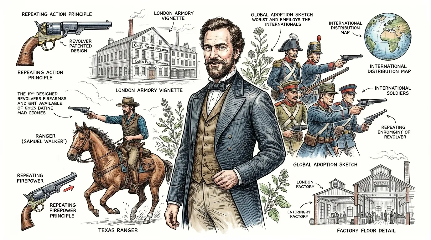 塞缪尔·柯尔特（Samuel Colt）的左轮手枪迅速成为火力和可靠性的代名词，被全球军队、执法部门和民众广泛采用。