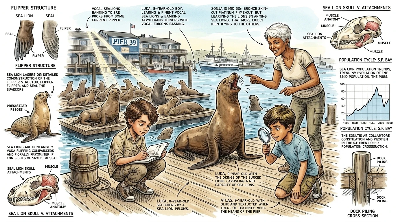 The barking of sea lions fills the air at Pier 39, a cacophony of sounds that's both amusing and unforgettable. These playful creatures bask in the sun, a… The barking of sea lions fills the air at Pier 39, a cacophony of sounds that's both amusing and unforgettable. These playful creatures bask in the sun, a…