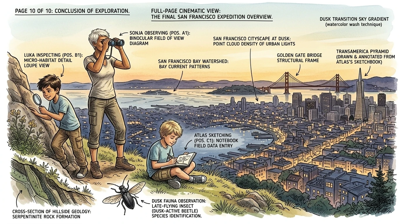 “Wow,” Sonja breathes, gazing at Alcatraz. “Imagine playing baseball *in* prison.” Atlas points to a small building on the island. “That’s the warden’s house. “Wow,” Sonja breathes, gazing at Alcatraz. “Imagine playing baseball *in* prison.” Atlas points to a small building on the island. “That’s the warden’s house.