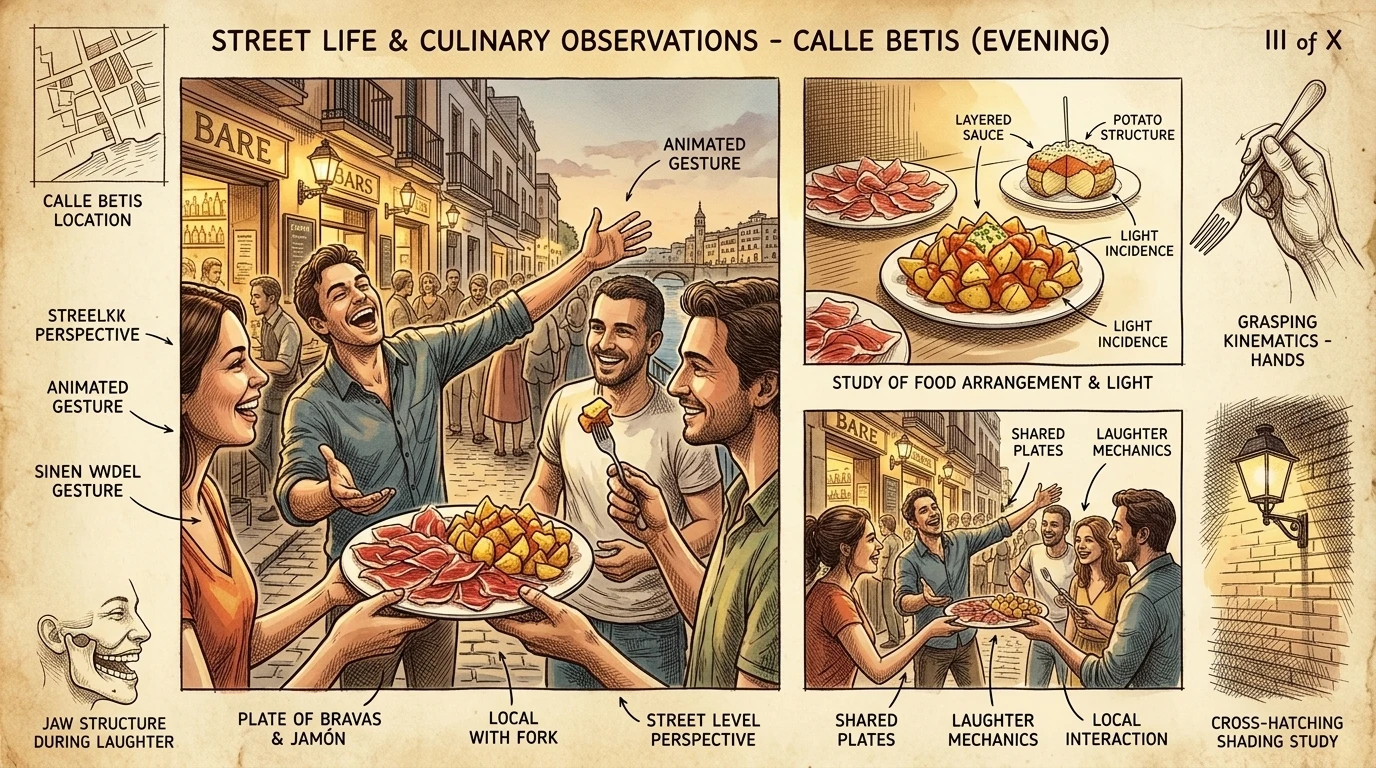 贝蒂斯街两旁酒吧飘出的西班牙小吃(tapas)香气,诱惑着路人。当地人涌上人行道,分享着火腿(jamón)和辣味土豆(patatas bravas)。 贝蒂斯街两旁酒吧飘出的西班牙小吃(tapas)香气,诱惑着路人。当地人涌上人行道,分享着火腿(jamón)和辣味土豆(patatas bravas)。