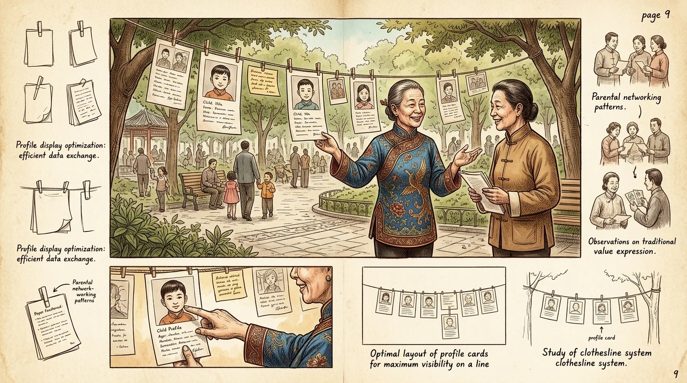 上海人民公园里有一个独特的“相亲角”,父母们在那里展示他们未婚子女的资料。这种传统习俗旨在为下一代寻找合适的伴侣。 上海人民公园里有一个独特的“相亲角”,父母们在那里展示他们未婚子女的资料。这种传统习俗旨在为下一代寻找合适的伴侣。