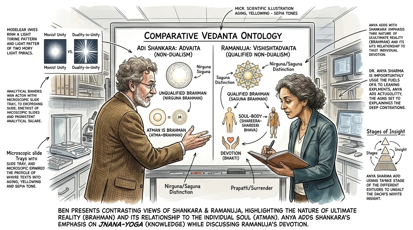 商羯罗的激进不二论并非没有受到挑战。几个世纪后,另一位伟大的哲学家,罗摩奴阇,提出了有力的反驳。索恩博士和彼得罗娃博士现在站在一个分屏显示器前,清晰… 商羯罗的激进不二论并非没有受到挑战。几个世纪后,另一位伟大的哲学家,罗摩奴阇,提出了有力的反驳。索恩博士和彼得罗娃博士现在站在一个分屏显示器前,清晰…