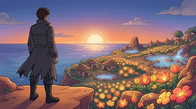 Plus tard, alors que le soleil se couchait sur Ignis, Kai se préparait à partir. Les villageois étaient en sécurité, mais l'obscurité persistait.