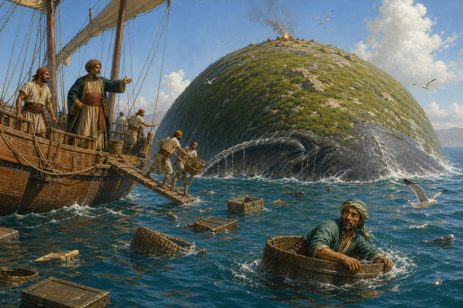 On his first voyage, Sinbad sailed with a crew of merchants until they came to a low green island rising from the calm sea. On his first voyage, Sinbad sailed with a crew of merchants until they came to a low green island rising from the calm sea.