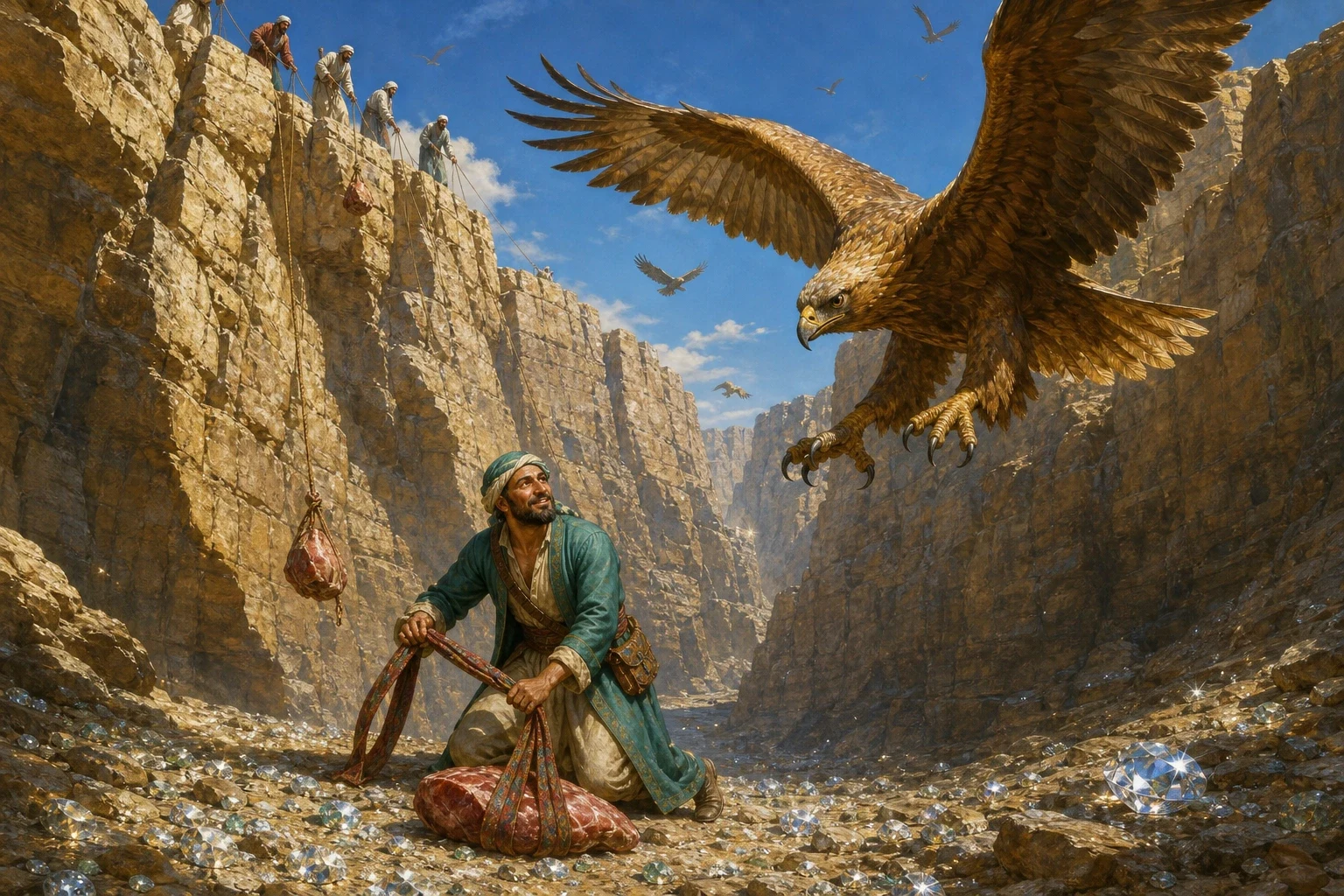 Sinbad found himself at the bottom of a deep, steep-walled valley whose floor sparkled and flashed in every direction. The ground was strewn with diamonds, more… Sinbad found himself at the bottom of a deep, steep-walled valley whose floor sparkled and flashed in every direction. The ground was strewn with diamonds, more…