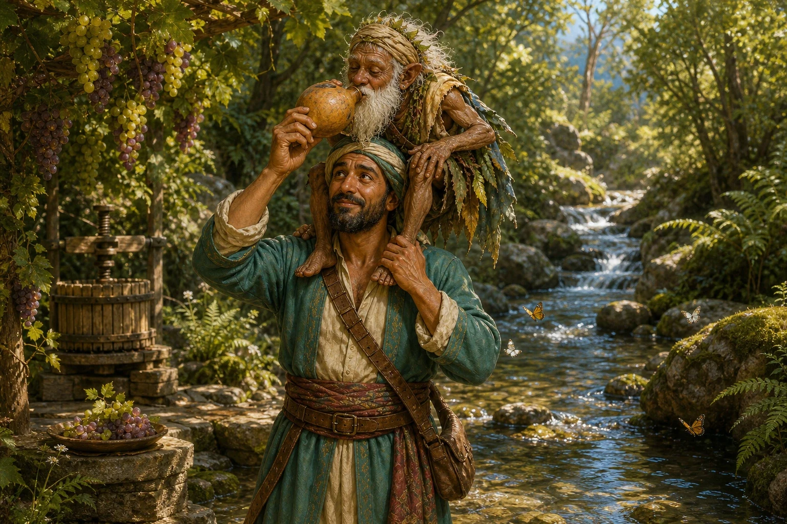 On another voyage Sinbad was wrecked on a green island, and there by a stream he met a strange little old man who signed that he could not walk, and begged to… On another voyage Sinbad was wrecked on a green island, and there by a stream he met a strange little old man who signed that he could not walk, and begged to…