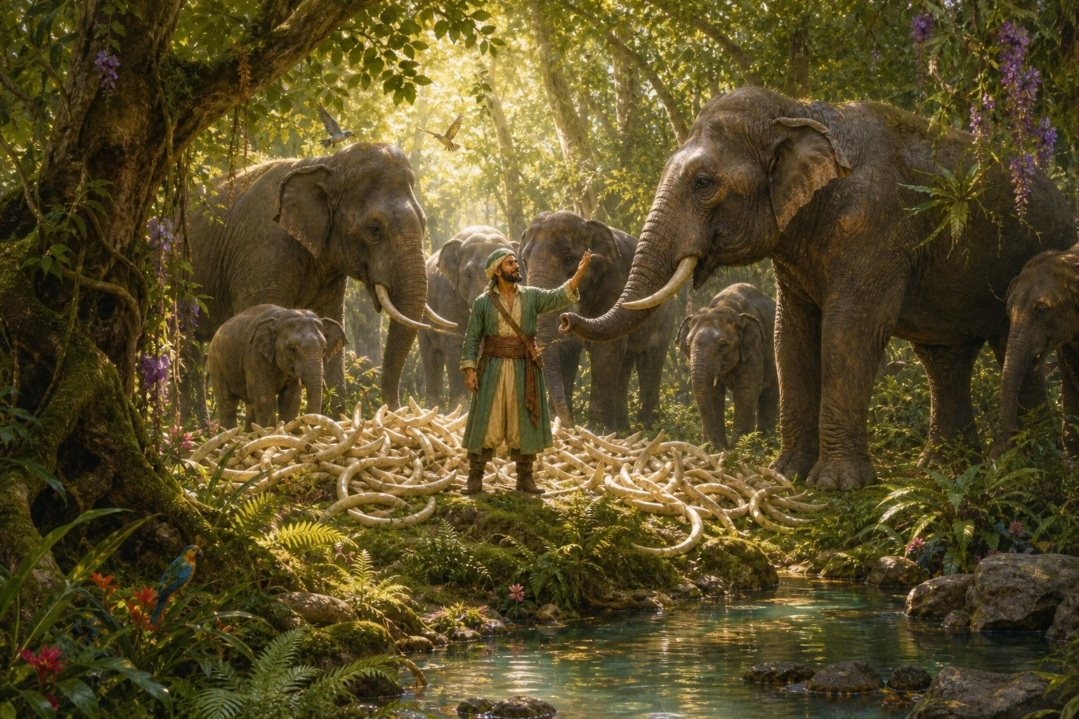 On his last voyage, Sinbad was set to gather ivory in a far green country, and each day he climbed a tall tree to watch the great elephants pass below. On his last voyage, Sinbad was set to gather ivory in a far green country, and each day he climbed a tall tree to watch the great elephants pass below.