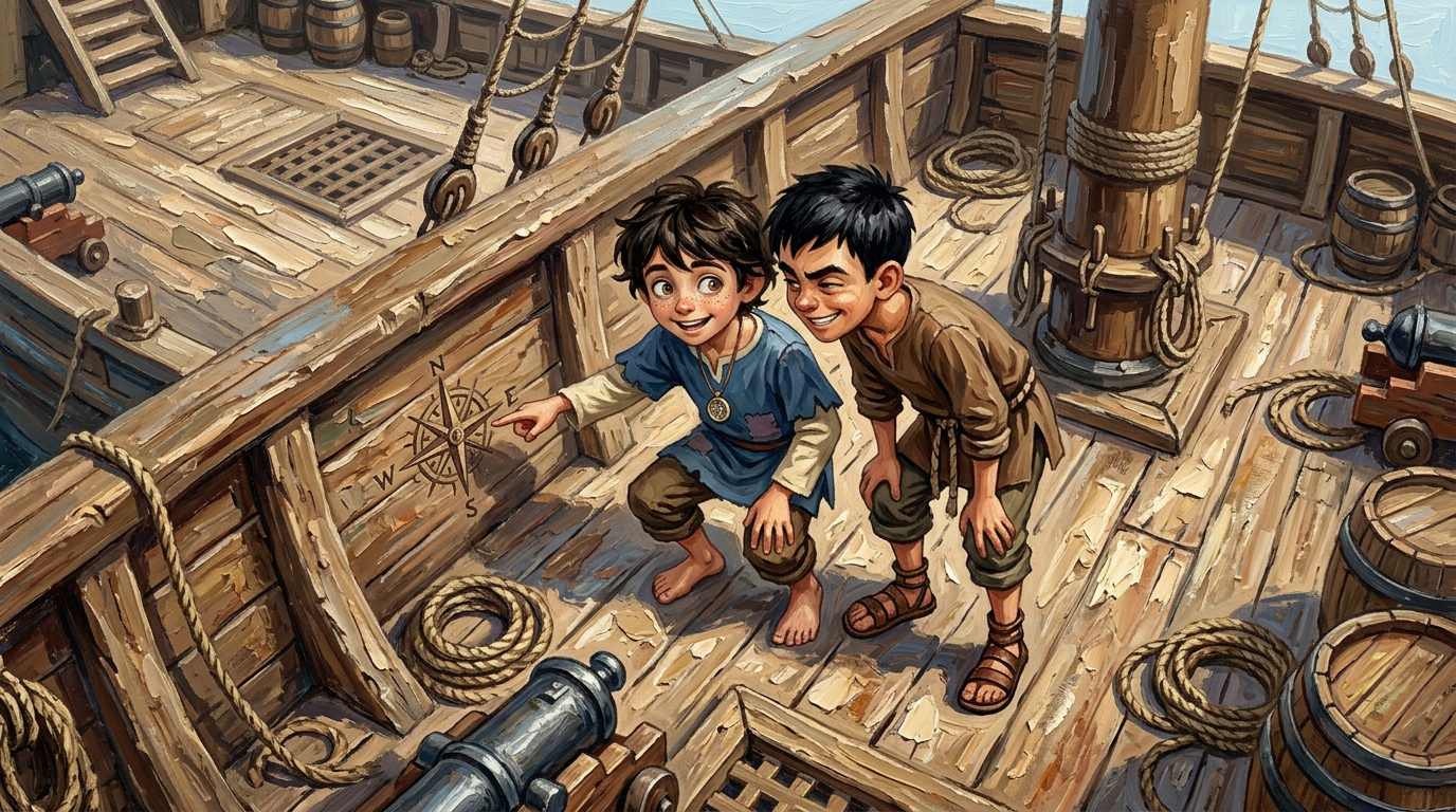 他们走近“海蛇号”,它那木制船体上布满了无数次航行的伤痕。当他们靠近时,萨利姆注意到船舵附近刻着一个几乎看不见的符号——一个程式化的罗盘玫瑰。“看! 他们走近“海蛇号”,它那木制船体上布满了无数次航行的伤痕。当他们靠近时,萨利姆注意到船舵附近刻着一个几乎看不见的符号——一个程式化的罗盘玫瑰。“看!