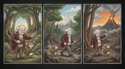 “我们必须把那些眼镜拿回来！”皮普宣称，“还要阻止火山喷发！可是怎么做呢？”雷金纳德眯起眼睛。“想想，皮普，想想！