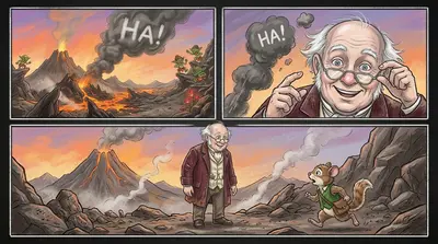 火山现在像抽搐着大笑一样，把雷金纳德的眼镜吐向空中。眼镜稳稳地落在了他的鼻子上。“哈！”他喊道，扶了扶眼镜。火山爆发平息了，取而代之的是一缕轻柔的烟…