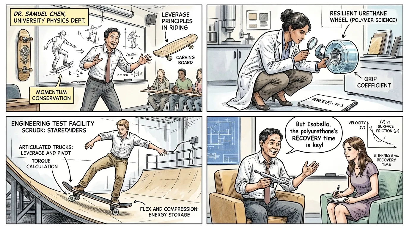 탄력 있는 데크, 연결된 트럭, 그리고 접지력 좋고 튼튼한 우레탄 바퀴가 결합되면서, 현대 스케이트보드는 완전하고 시너지 효과를 내는 시스템으로…