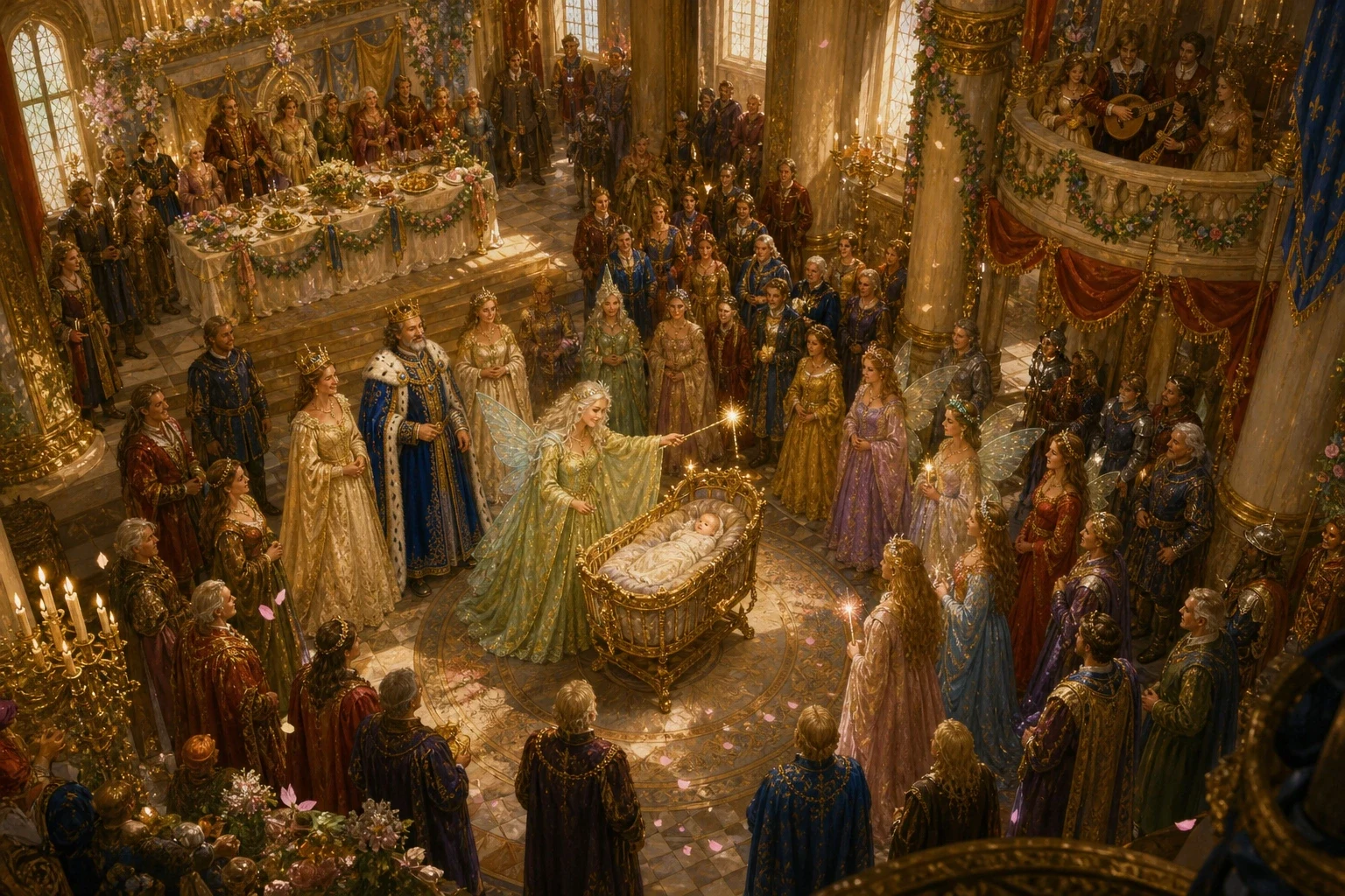 The christening was the grandest the kingdom had ever seen. In the great hall, before all the court, the good fairies came one by one to the cradle to give… The christening was the grandest the kingdom had ever seen. In the great hall, before all the court, the good fairies came one by one to the cradle to give…