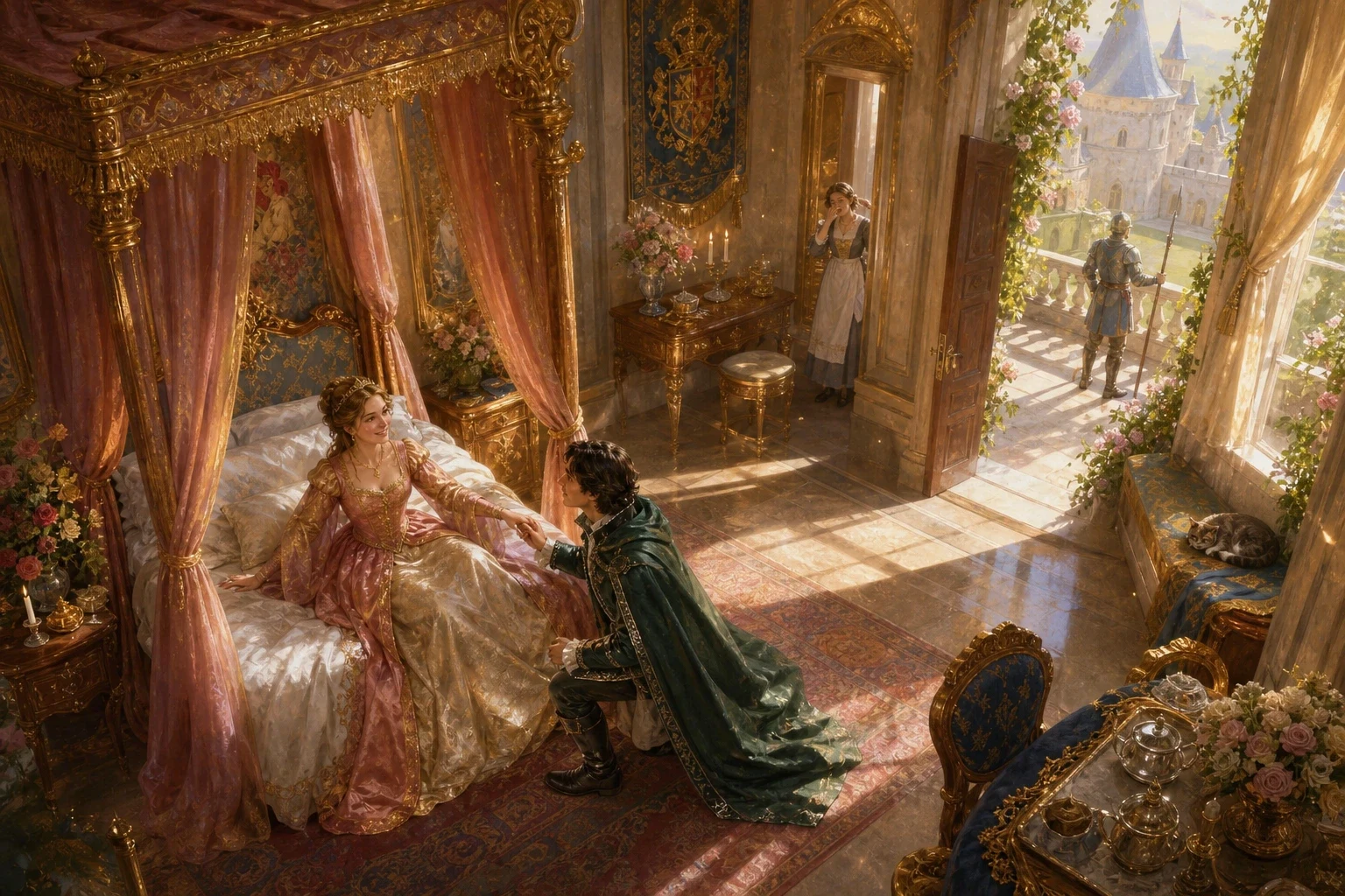 Through the still and silent castle the prince walked, past sleeping guards and dozing courtiers, until at last he came to the finest chamber of all, where the… Through the still and silent castle the prince walked, past sleeping guards and dozing courtiers, until at last he came to the finest chamber of all, where the…