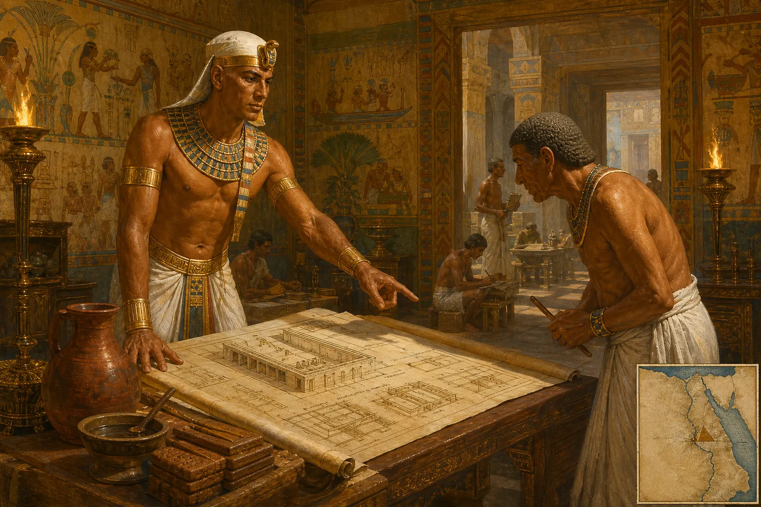 A young King Sneferu, perhaps in his early thirties, stands before his Vizier, Nefermaat, deep within the administrative heart of Memphis. A young King Sneferu, perhaps in his early thirties, stands before his Vizier, Nefermaat, deep within the administrative heart of Memphis.