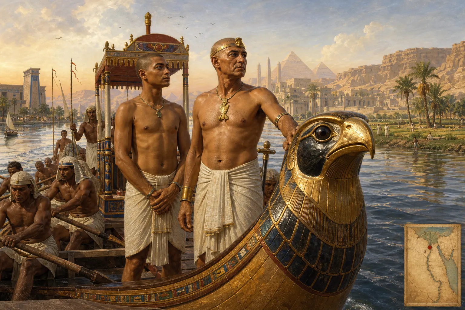 The Nile current pulls steadily against the hull of the royal barge as Sneferu, now nearing fifty, sails south from Meidum. The Nile current pulls steadily against the hull of the royal barge as Sneferu, now nearing fifty, sails south from Meidum.