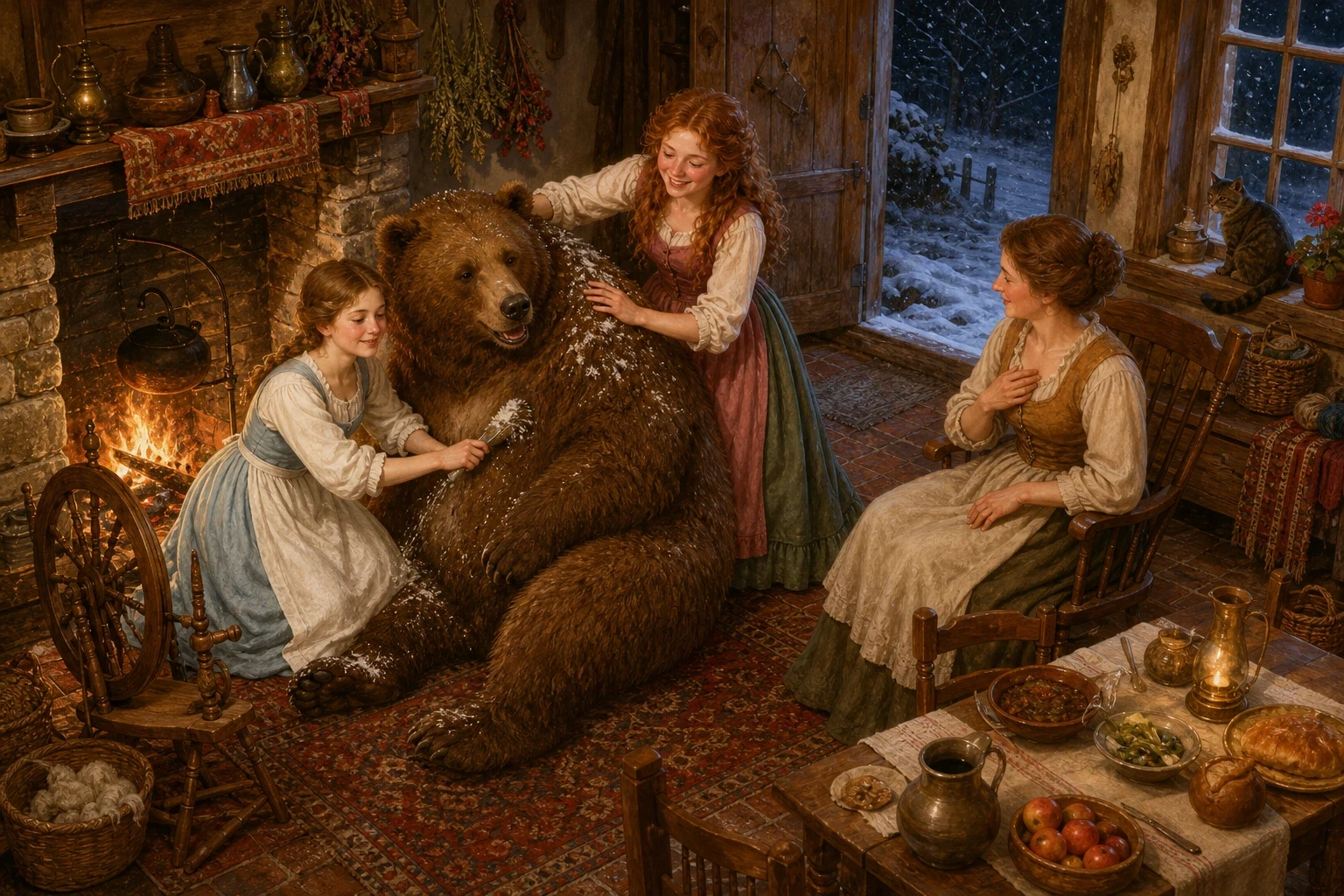One cold winter's evening, as the family sat snug by the fire, there came a heavy knock at the door. Rose-Red opened it, and gave a cry — for there stood a…