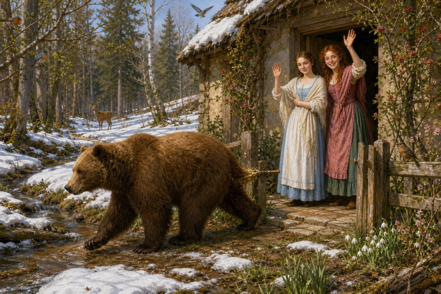 When spring came at last and the snow melted away, the bear told the sisters that he must leave them for a while. He had to go away into the forest, he said, to…