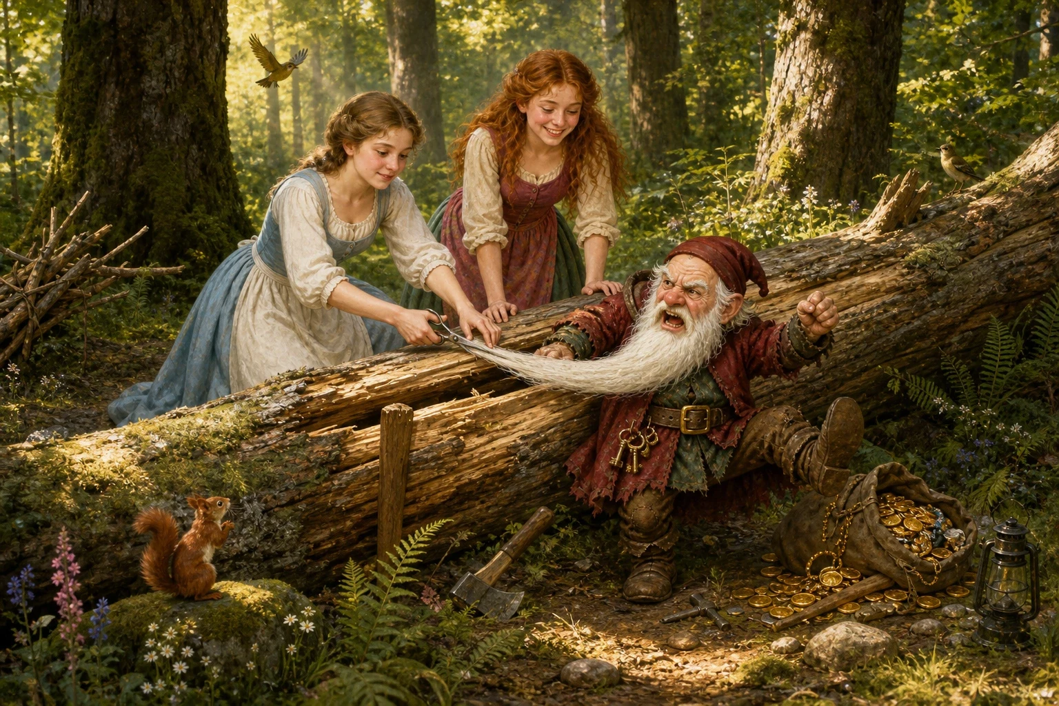 Not long after, the two sisters went into the forest to gather sticks, and there they found a strange sight: a little old dwarf with a long white beard, hopping…