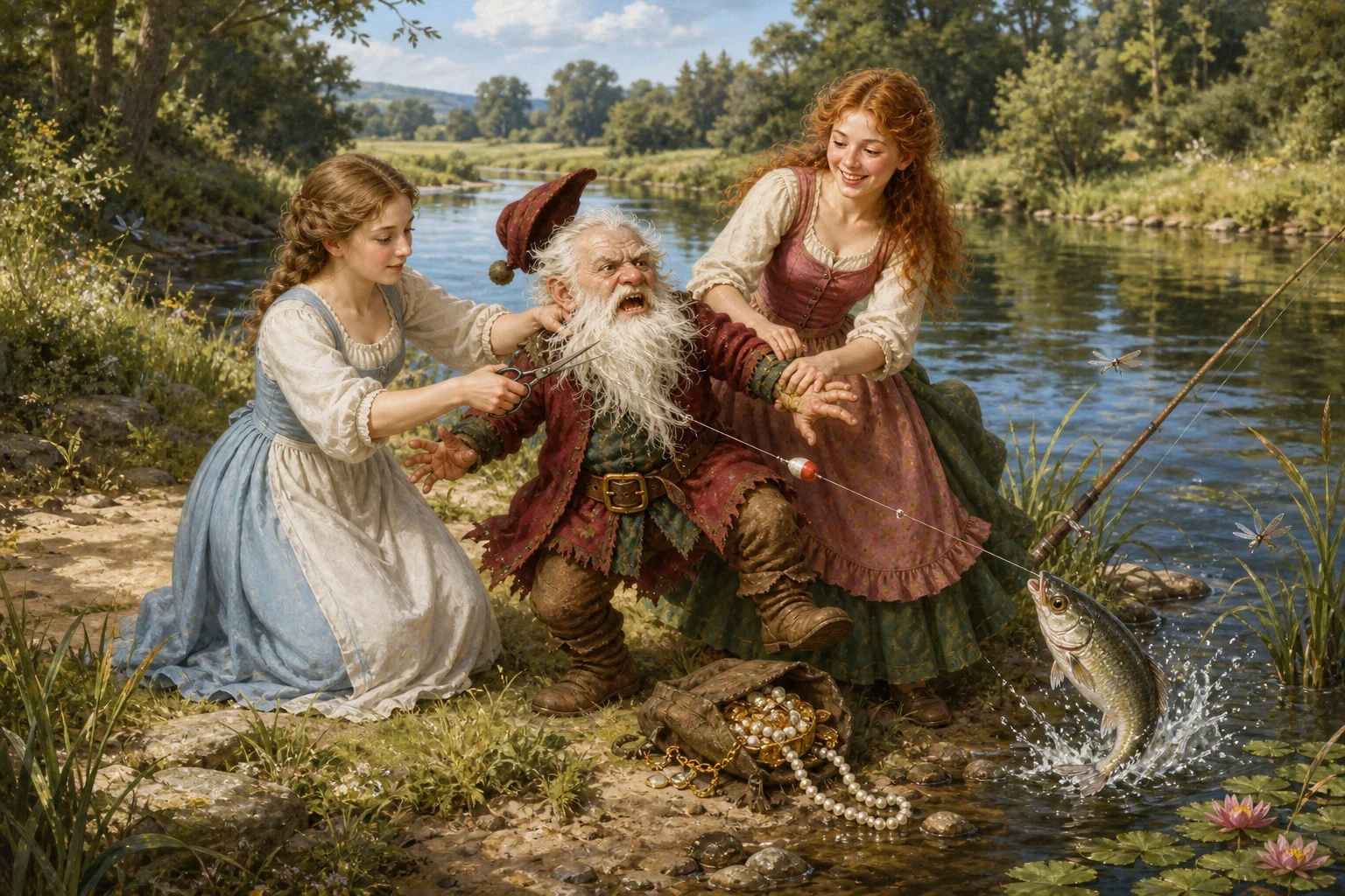 Some time later, the sisters met the ungrateful dwarf once more — this time he had been fishing by a river, and a great fish had caught his beard on the line…