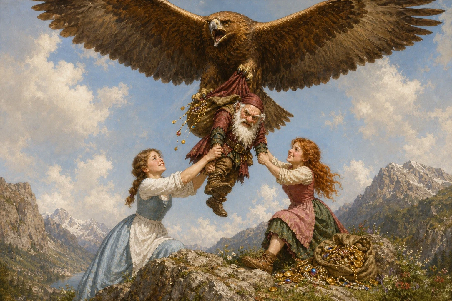 A third time the sisters came upon the ungrateful dwarf, who had spread out a sack of glittering jewels upon a rock to admire them in the sun.